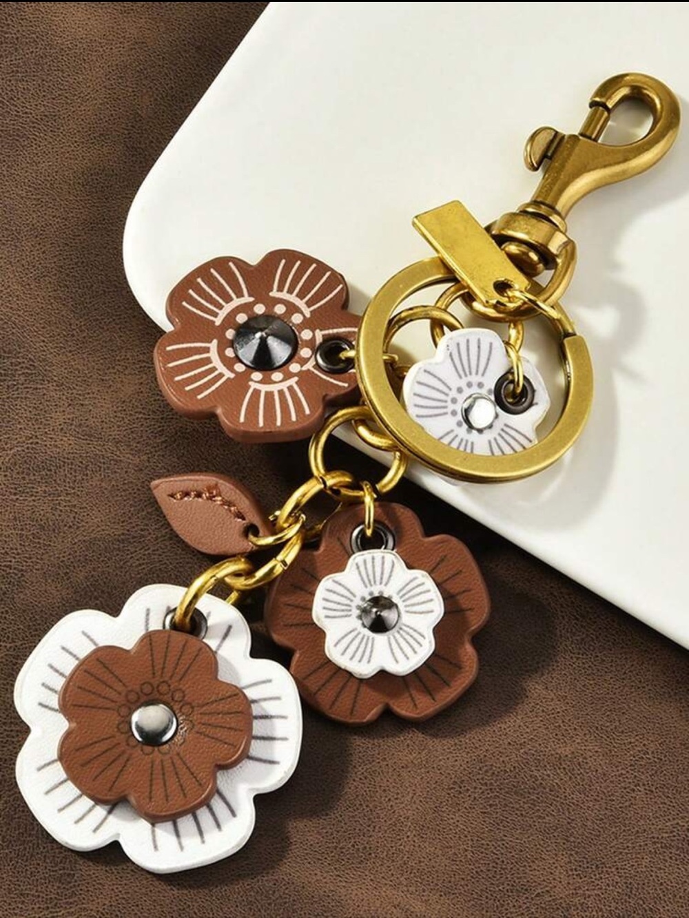 Leather Floral Keychain Charm in Brown & White